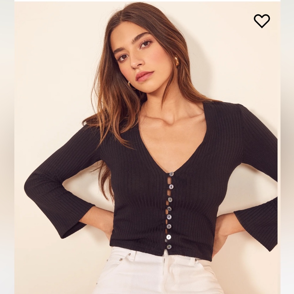 Reformation Black Ribbed Button-Front Cardigan - Picture 2 of 6